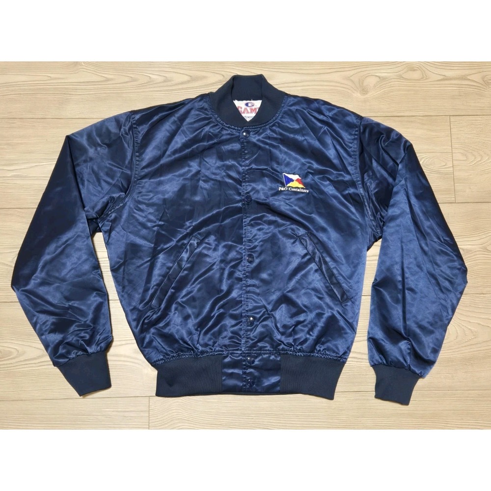 Game Sportswear Satin Jacket Men Medium Blue Vintage Made USA 100% Nylon Snaps